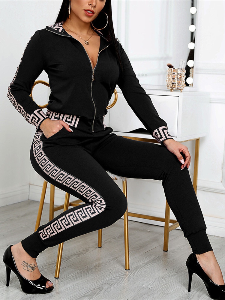 Dropship Tracksuits Women Elegant Two-Pieces Suit Sets Female Stylish Plus  Size Greek Fret Print Coat & Pant Zip Sets Joggers Women to Sell Online at  a Lower Price
